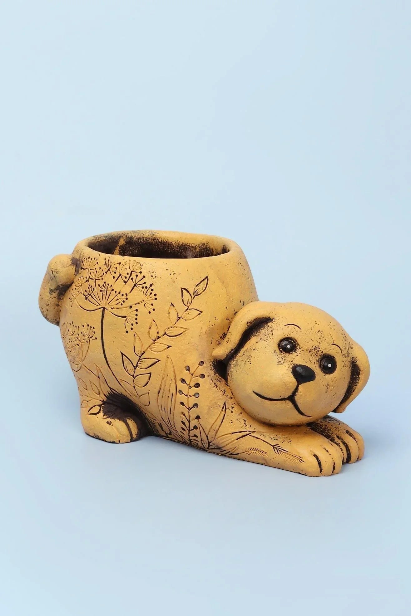 Hand-Finished Sculptural Cement Dog Planter — close-up view, G Decor
