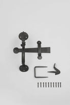 18″ Coinbase T Hinges and Suffolk Thumb Latch, Beeswax — close-up view, G Decor