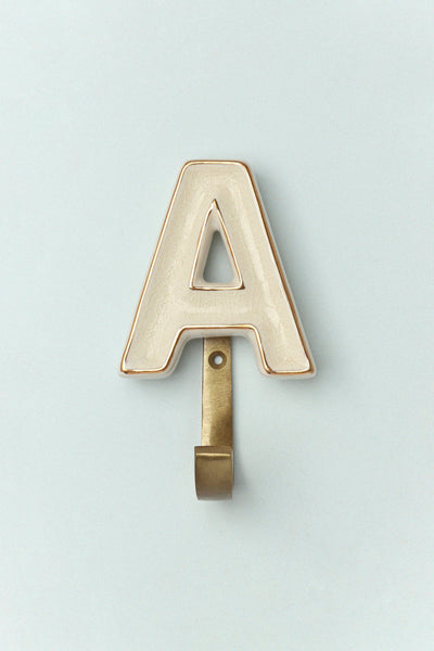 G Decor All Hooks A / Cream Alphabet Cream Crackle Glazed Hooks In Antique Brass