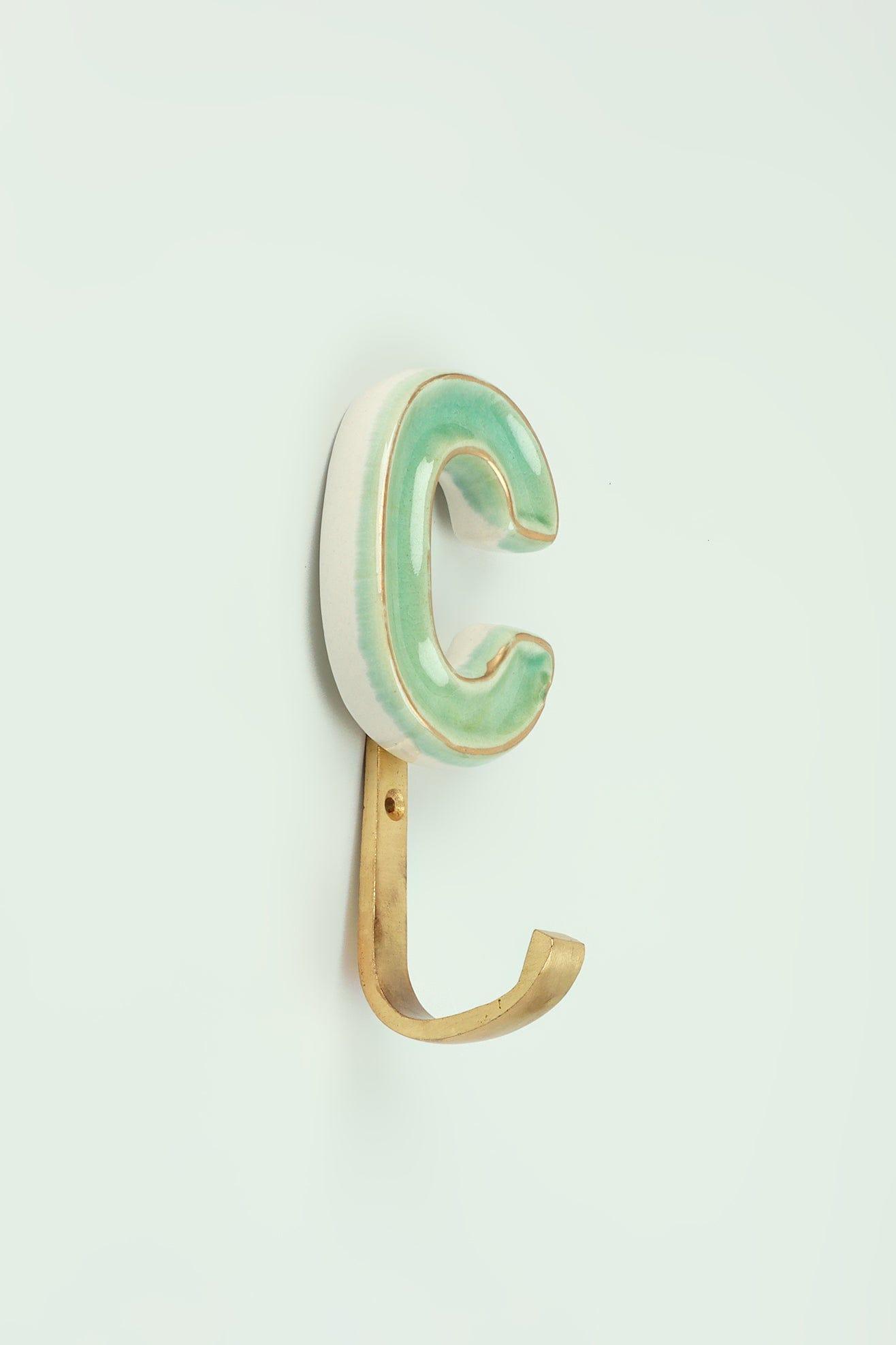 G Decor All Hooks Alphabet Green Crackle Glazed Hooks In Antique Brass