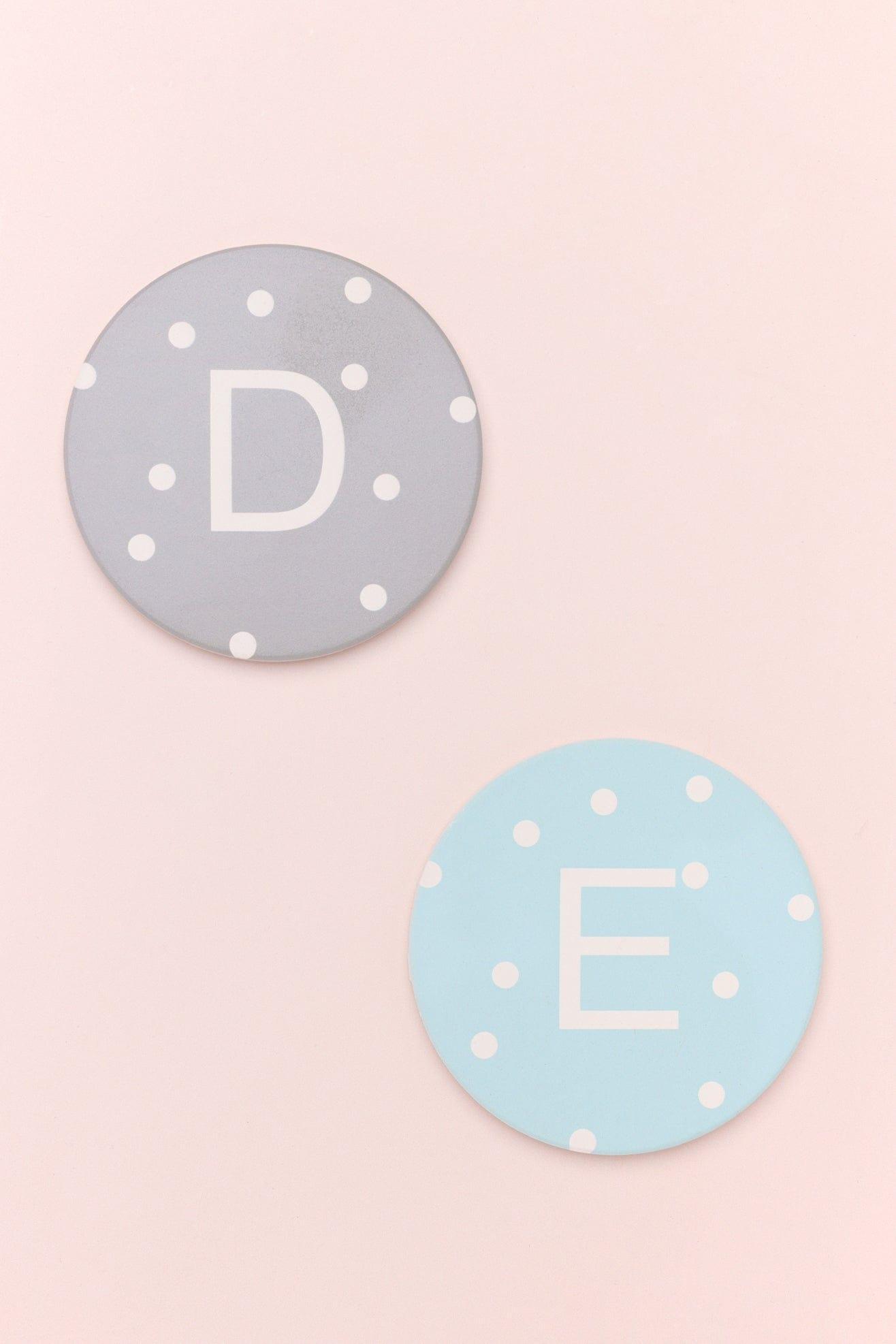 Gdecorstore Coasters Alphabet Personalized Initials Ceramic Pastel White Polka Dot Anti Slip Cork Base Mug Cup Coaster