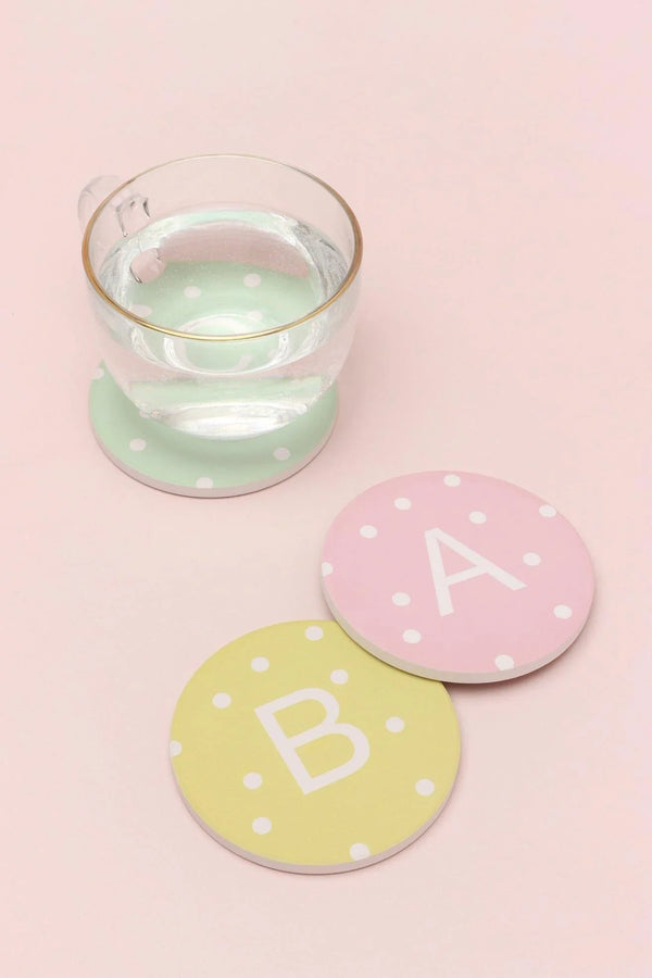 Personalised White Polka Dot Monogram Ceramic Coaster with Cork Base