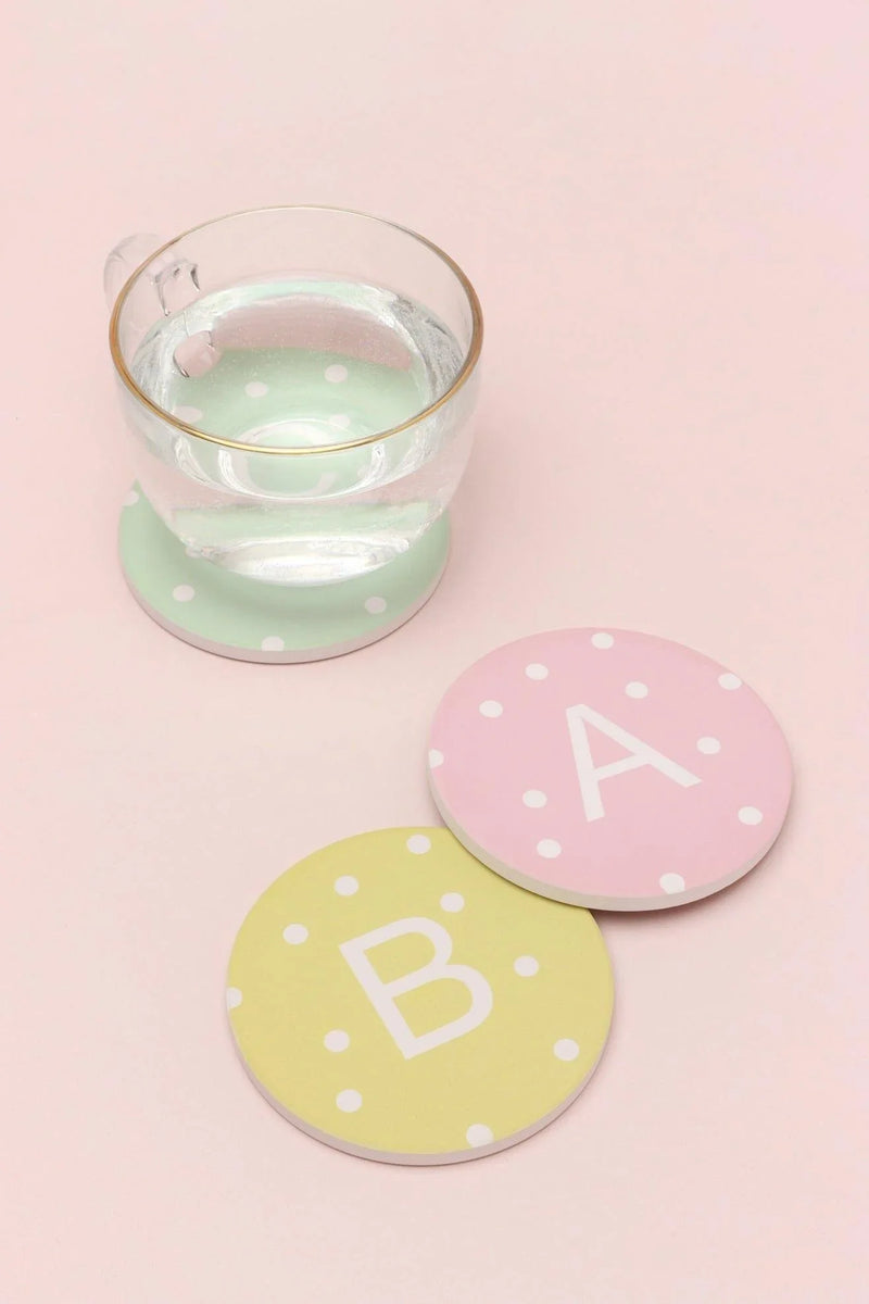 Personalised White Polka Dot Monogram Ceramic Coaster with Cork Base
