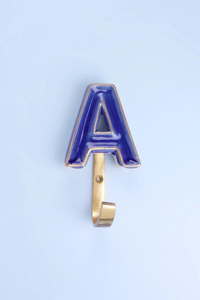 G Decor All Hooks A / Blue Alphabet Royal Blue Crackle Glazed Hooks In Antique Brass