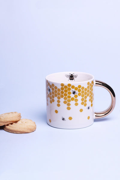 Gdecorstore Mugs and Cups White Beehives Contrast Gold Ceramic Tea Coffee Mug