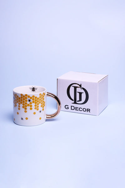 Gdecorstore Mugs and Cups White Beehives Contrast Gold Ceramic Tea Coffee Mug