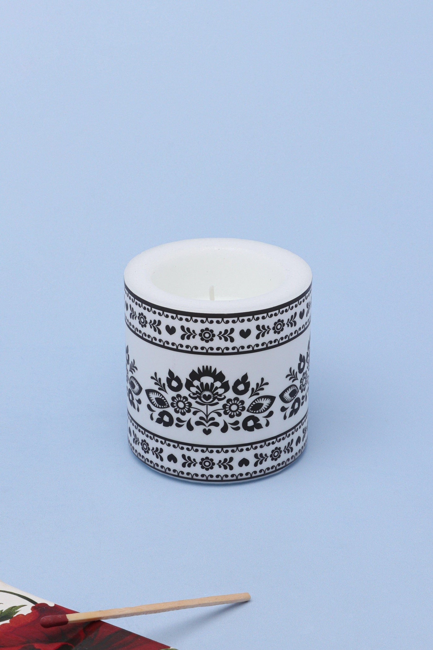 G Decor White Bohemian White and Black Print Floral Pillar Candle