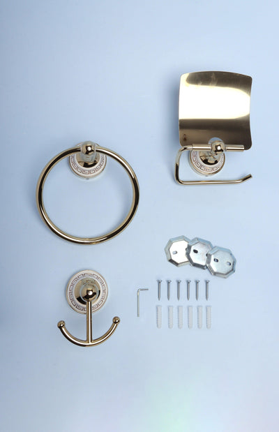 Gdecorstore Bathroom Brass / 3-Piece Set Brass Bathroom Accessories - Towel Ring Holder, Toilet Roll Holder, Towel Robe Hook
