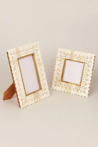 Carpathian Bone Inlay Photo Frame in Brass and Floral — close-up view, G Decor