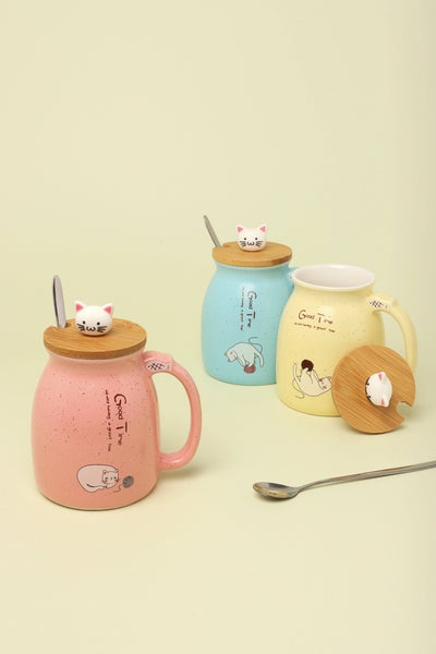 Cute Cat Ceramic Coffee Mug with Lid and Spoon
