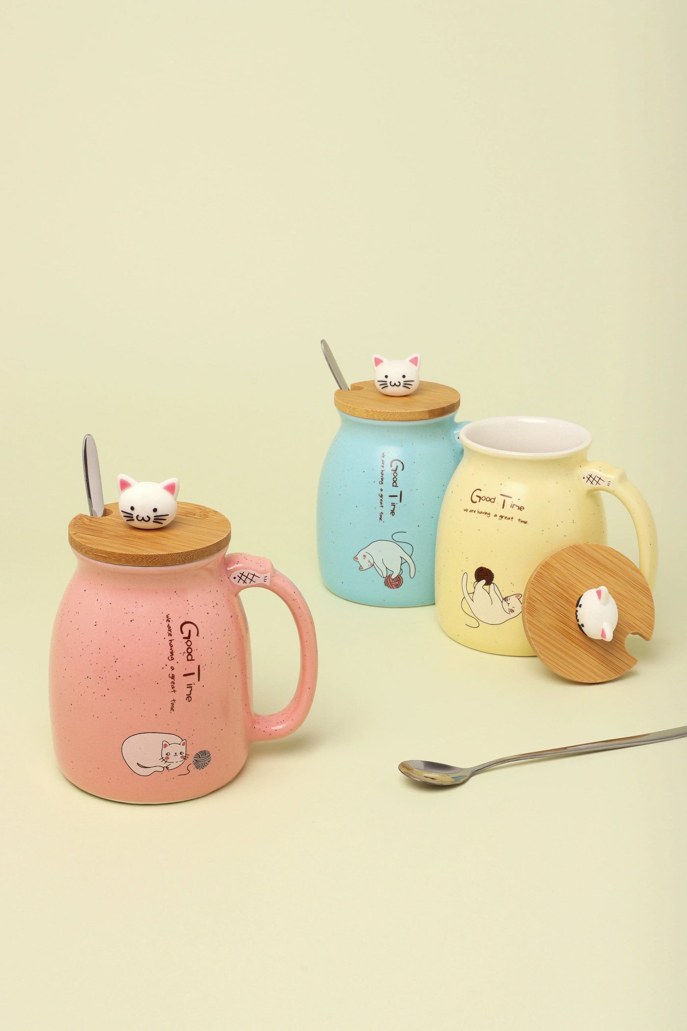 Tasse à café et à thé en céramique avec couvercle et cuillère pour chat
