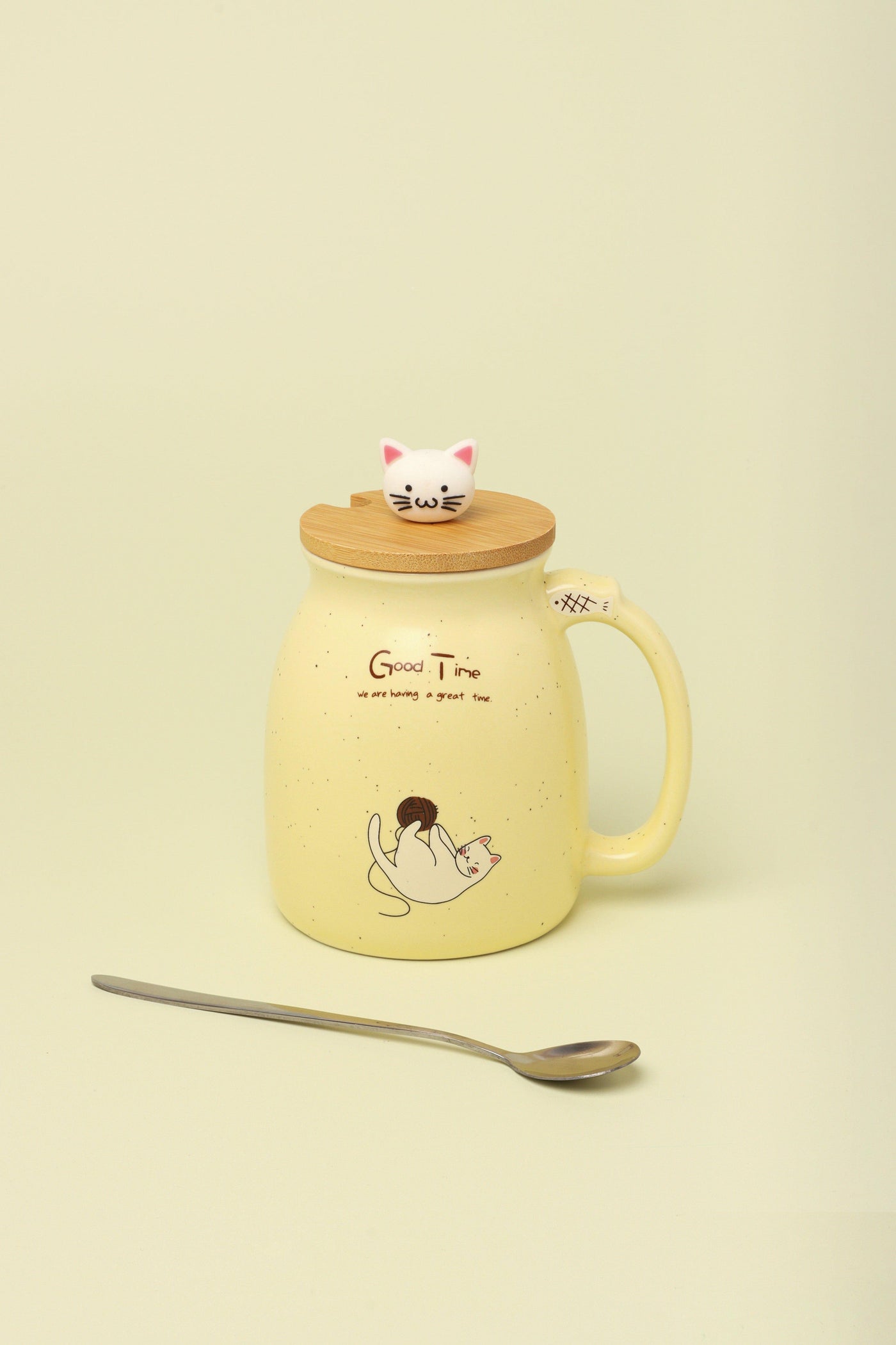 Gdecorstore Mugs and Cups Yellow Cat Mugs Cute Pastel Ceramic Coffee Tea Cup with Lid And Spoon