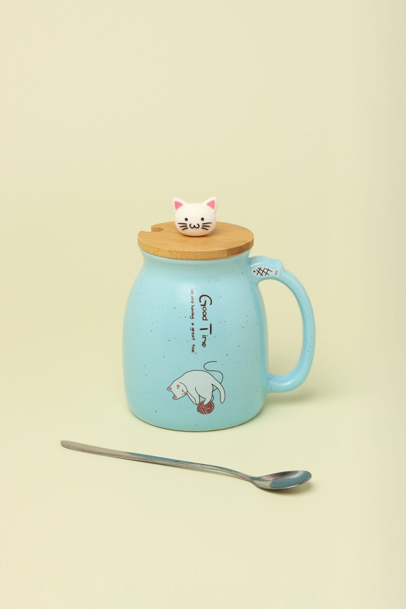 Gdecorstore Mugs and Cups Blue Cat Mugs Cute Pastel Ceramic Coffee Tea Cup with Lid And Spoon