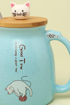 Pastel cat ceramic mug with lid and spoon set styled — G Decor