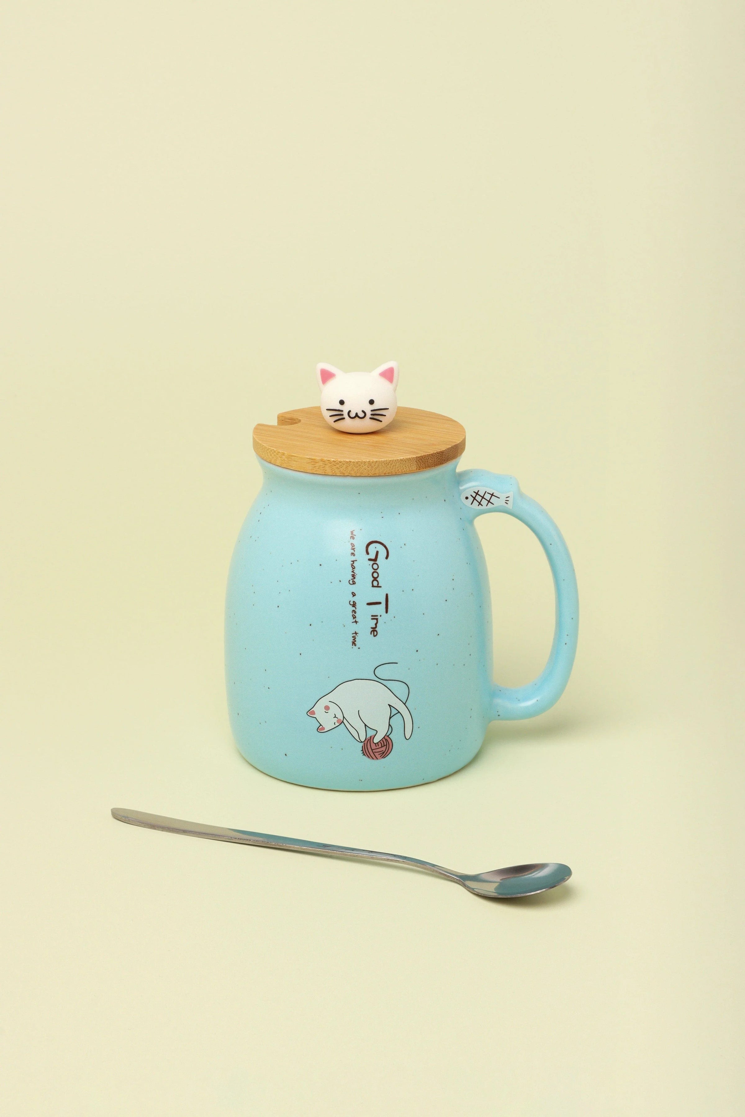 Cat Ceramic Coffee Mug with Lid & Spoon