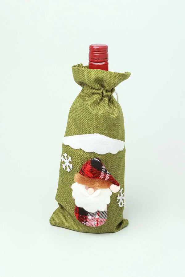 Santa Woodland Reusable Green Linen Christmas Wine Bottle Bag