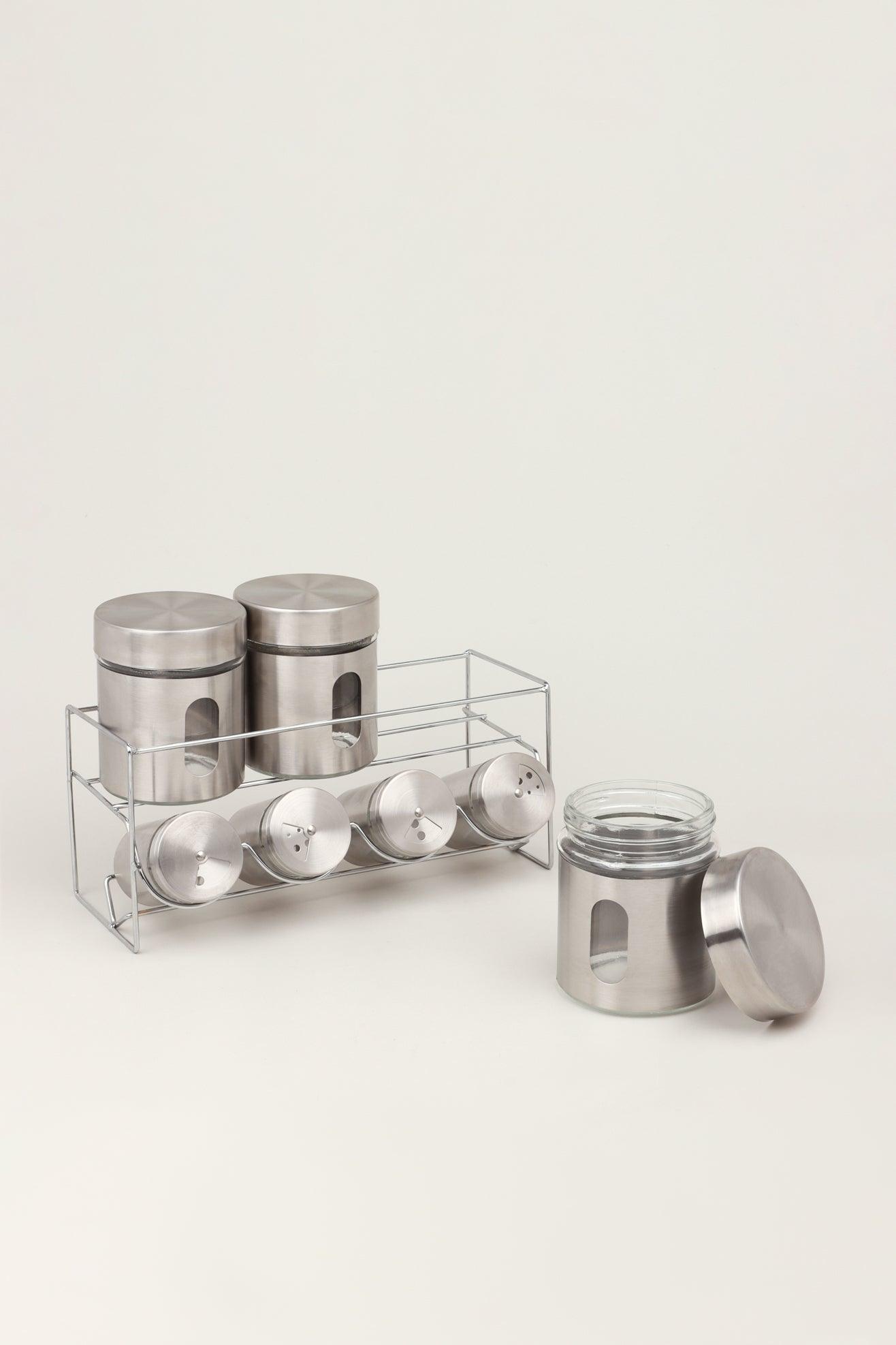 G Decor spices rack Silver Clear Glass Chrome Silver Free Standing Spice Rack Kitchen Organiser Jars Set