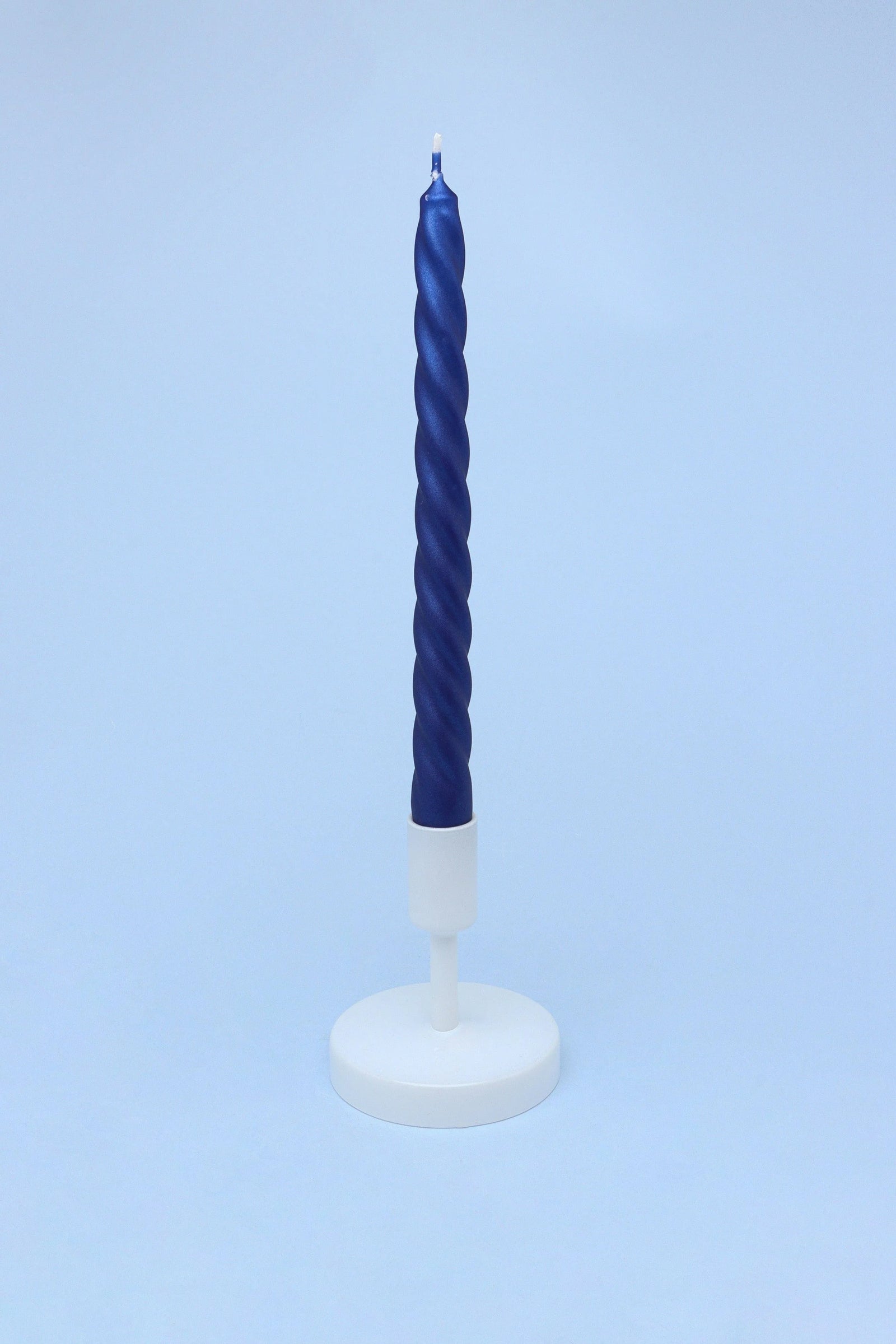 Coraline Cérulea Royal Blue Twisted Taper Candles — close-up view, G Decor