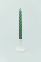 Coraline Verdéline Forest Green Twisted Taper Candles — close-up view, G Decor