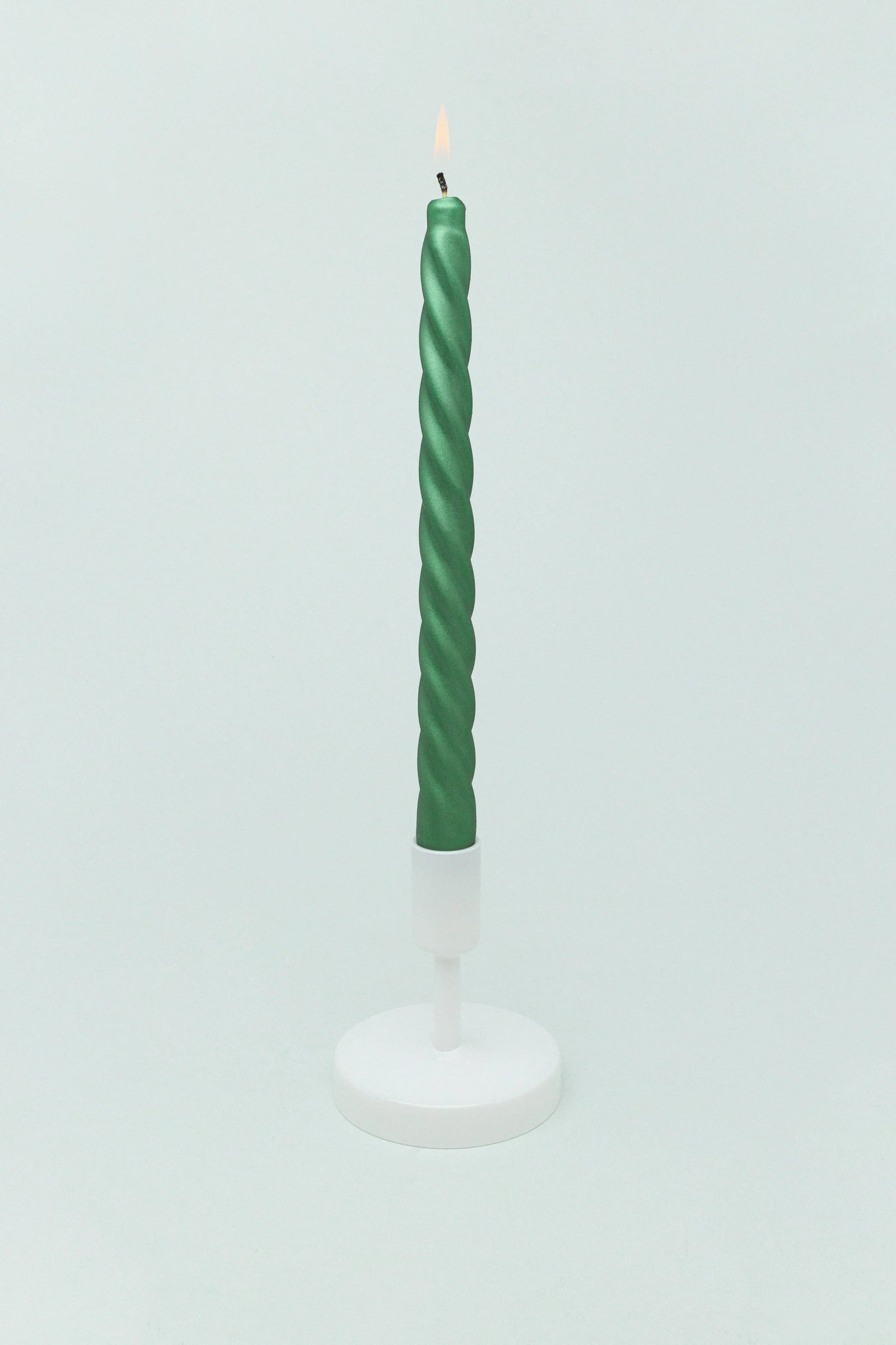Coraline Verdéline Forest Green Twisted Taper Candles — close-up view, G Decor