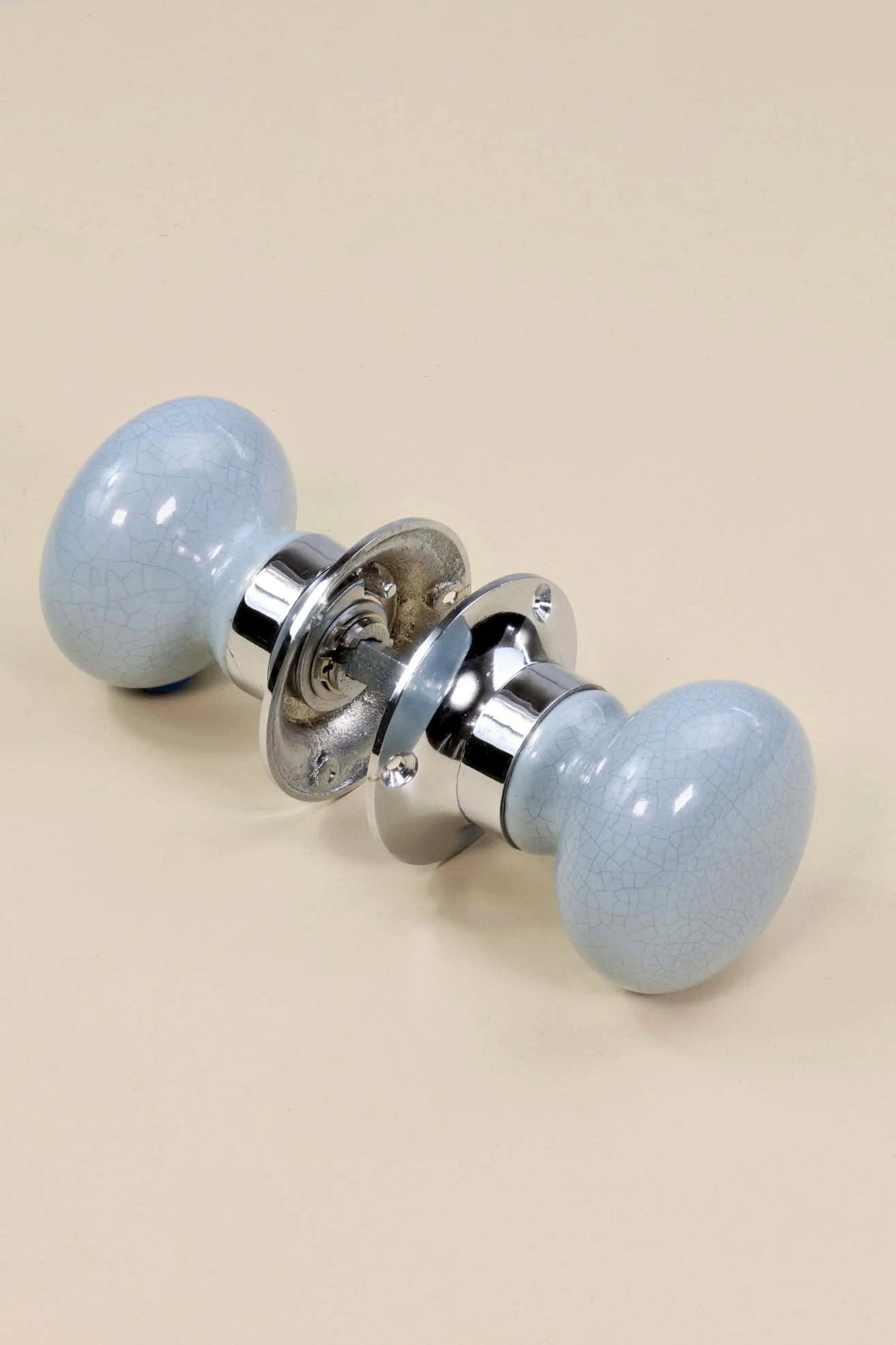 Crackle Glaze Soft Grey Ceramic Mortice Door Knobs with Chrome Base — close-up view, G Decor
