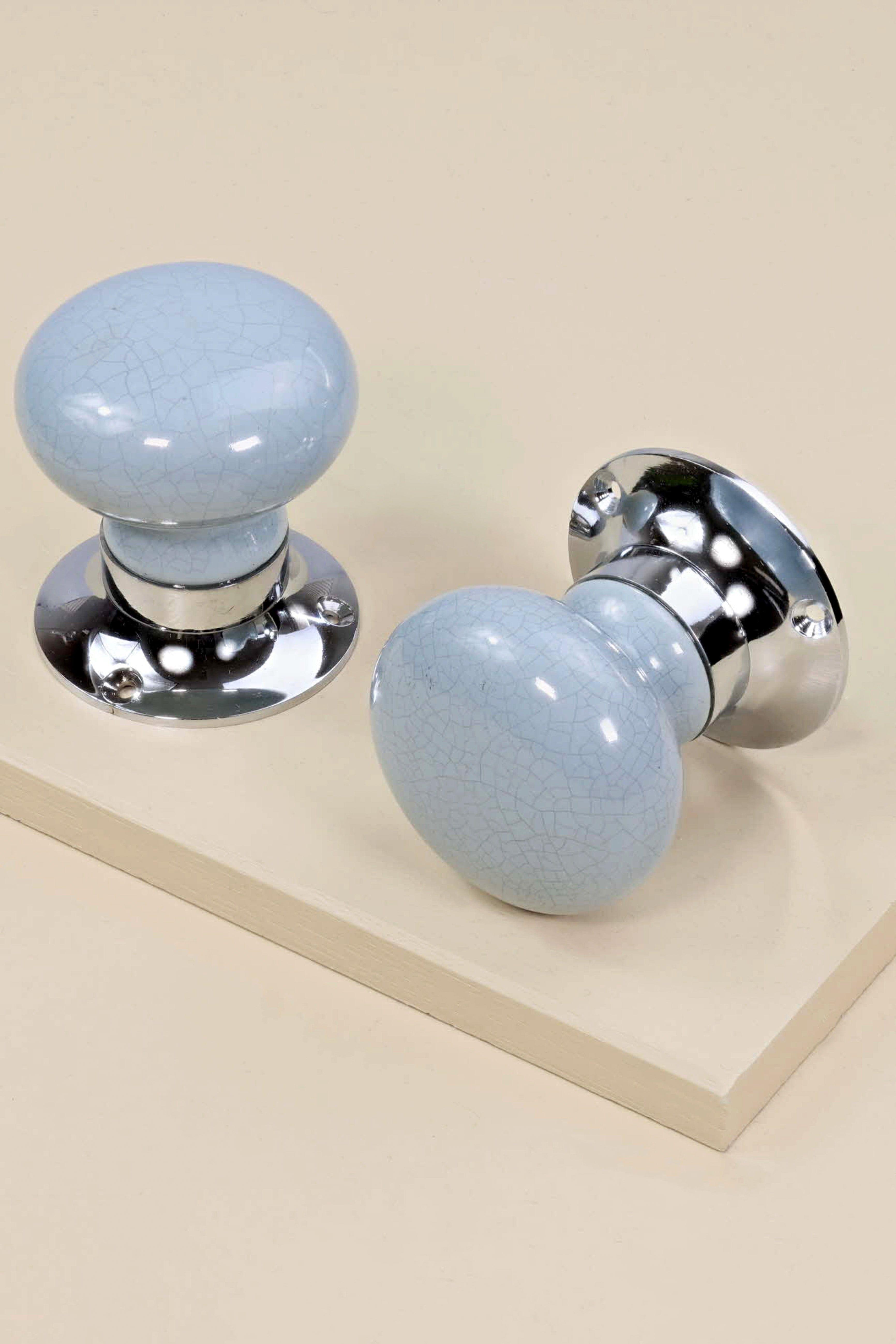 Crackle Glaze Handcrafted Soft Grey Ceramic Mortice Door Handles Set – Internal Turning Knobs with Chrome Base for Bedroom &amp; Interior Doors - G Decor