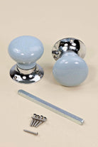 Crackle Glaze Soft Grey Ceramic Mortice Door Knobs with Chrome Base — lifestyle view, G Decor