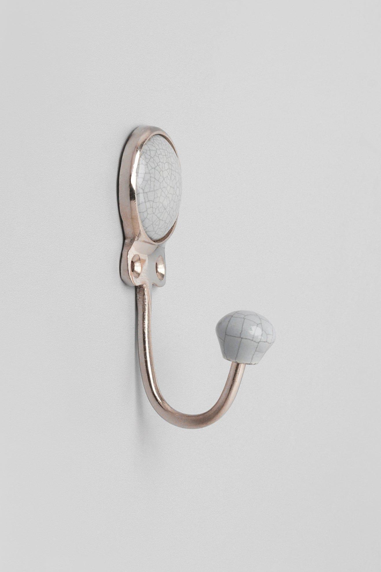 Crackle Glaze Handcrafted Wall Hook Craquelure Mineral Tones Ceramic & Chrome Detail - G Decor