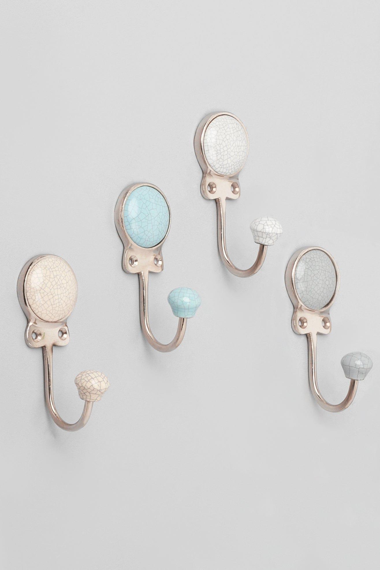 Crackle Glaze Handcrafted Wall Hook Craquelure Mineral Tones Ceramic & Chrome Detail - G Decor