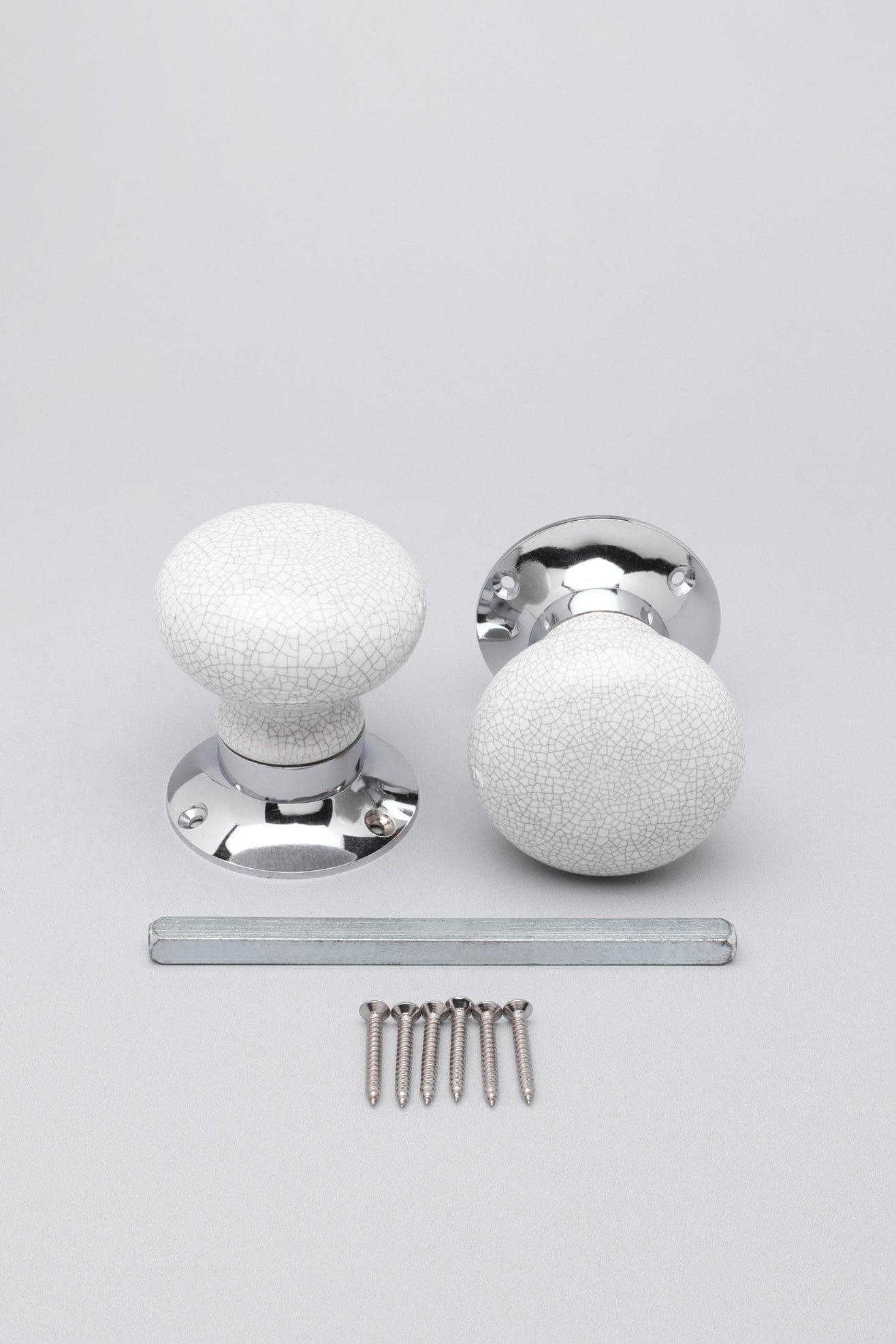 Crackle Glaze Handcrafted White Ceramic Mortice Door Handles Set – Internal Turning Knobs with Chrome Base for Bedroom &amp; Interior Doors - G Decor