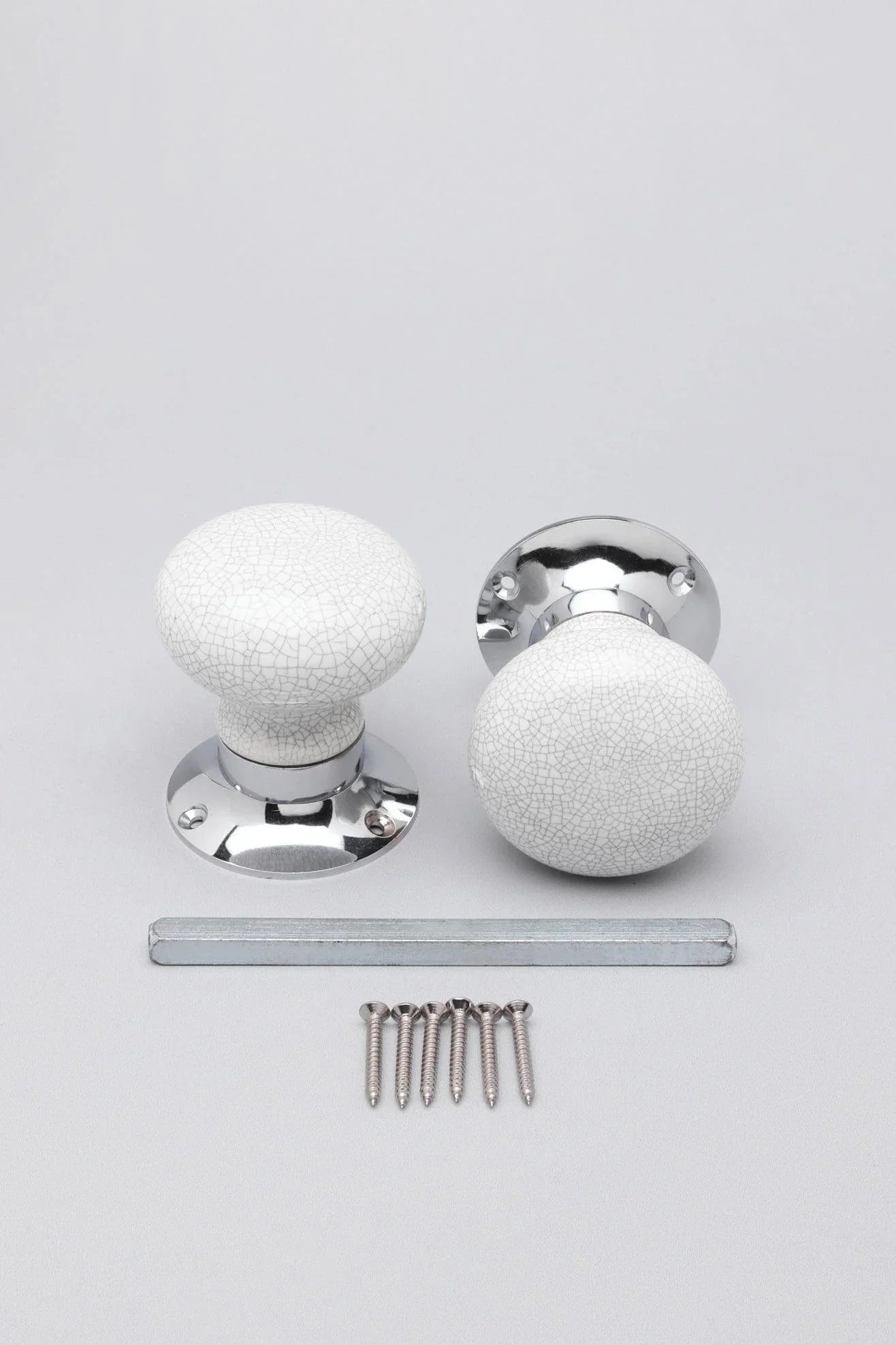 Crackle Glaze White Ceramic Mortice Door Knobs with Chrome Base — close-up view, G Decor