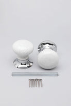 Crackle Glaze White Ceramic Mortice Door Knobs with Chrome Base — close-up view, G Decor