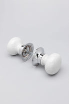 Crackle Glaze White Ceramic Mortice Door Knobs with Chrome Base — lifestyle view, G Decor