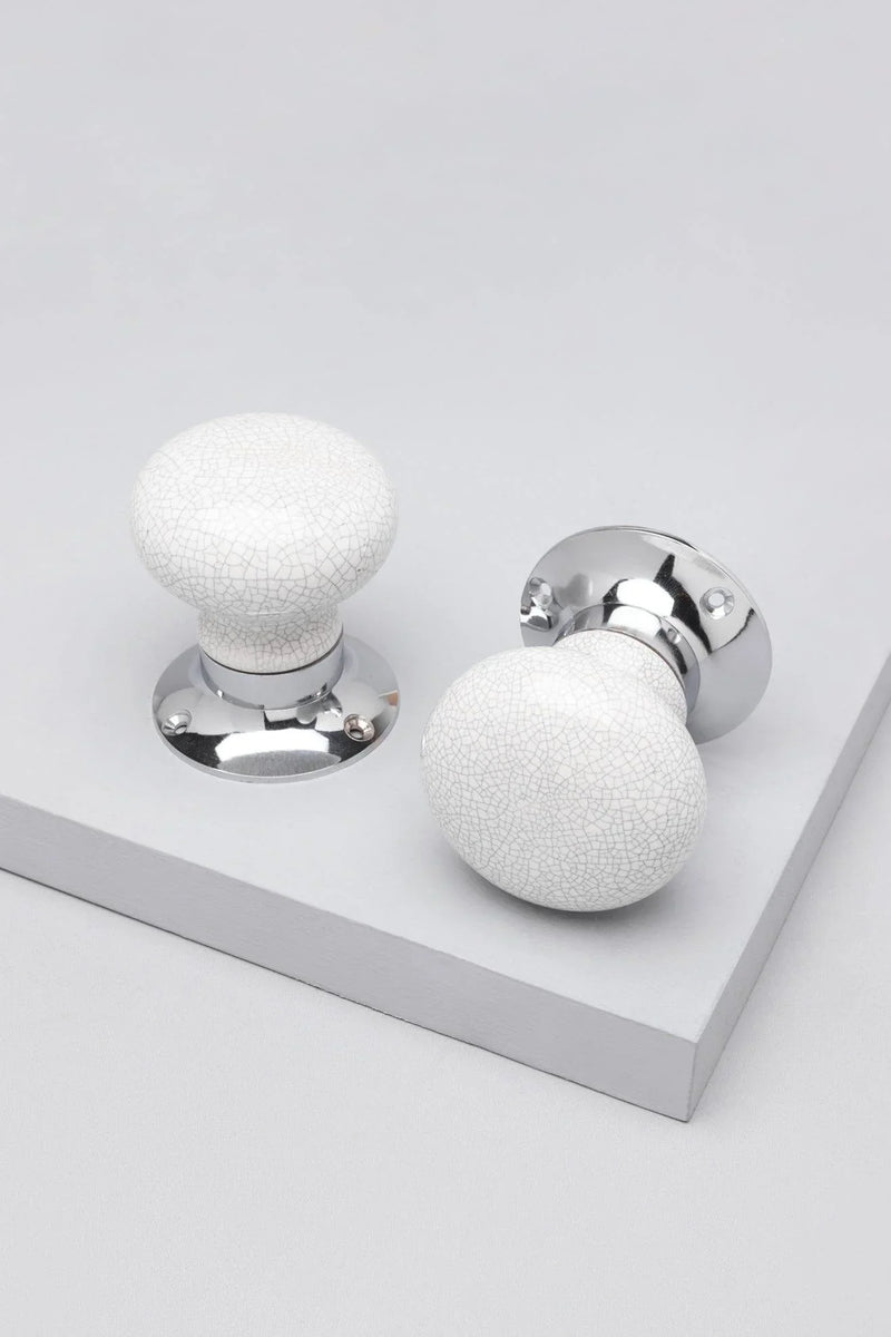 Crackle Glaze White Ceramic Mortice Door Knobs with Chrome Base