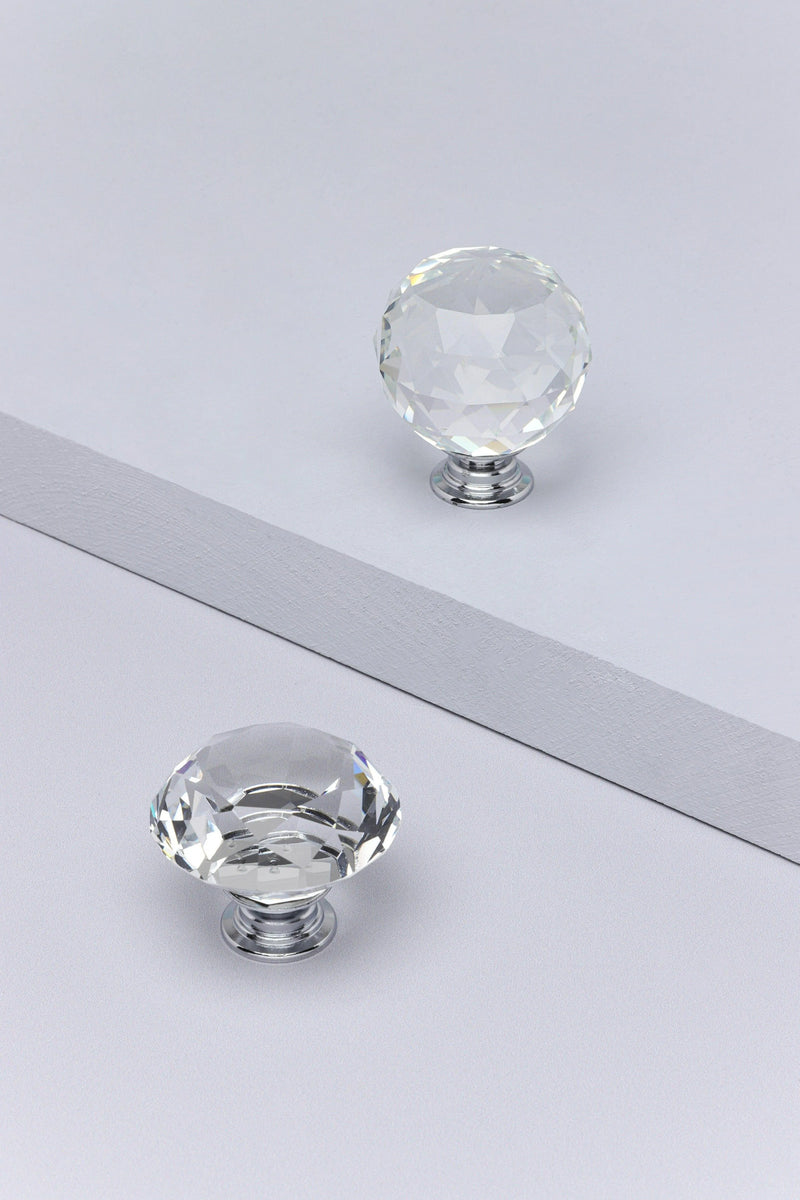 Diamond-Cut Crystal Glass Cabinet Knob with Chrome Base