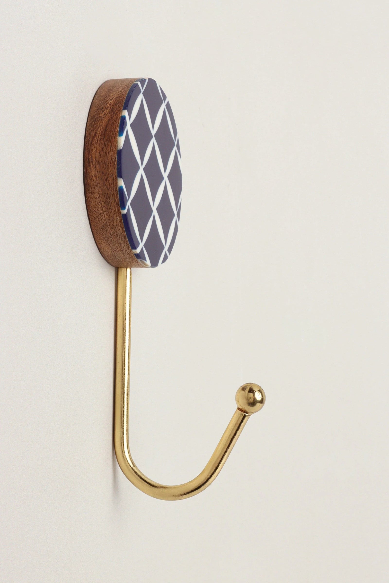 Dizzy Mosaic Grid Pattern Wood and Brass Wall Coat Hooks — alternate view, G Decor