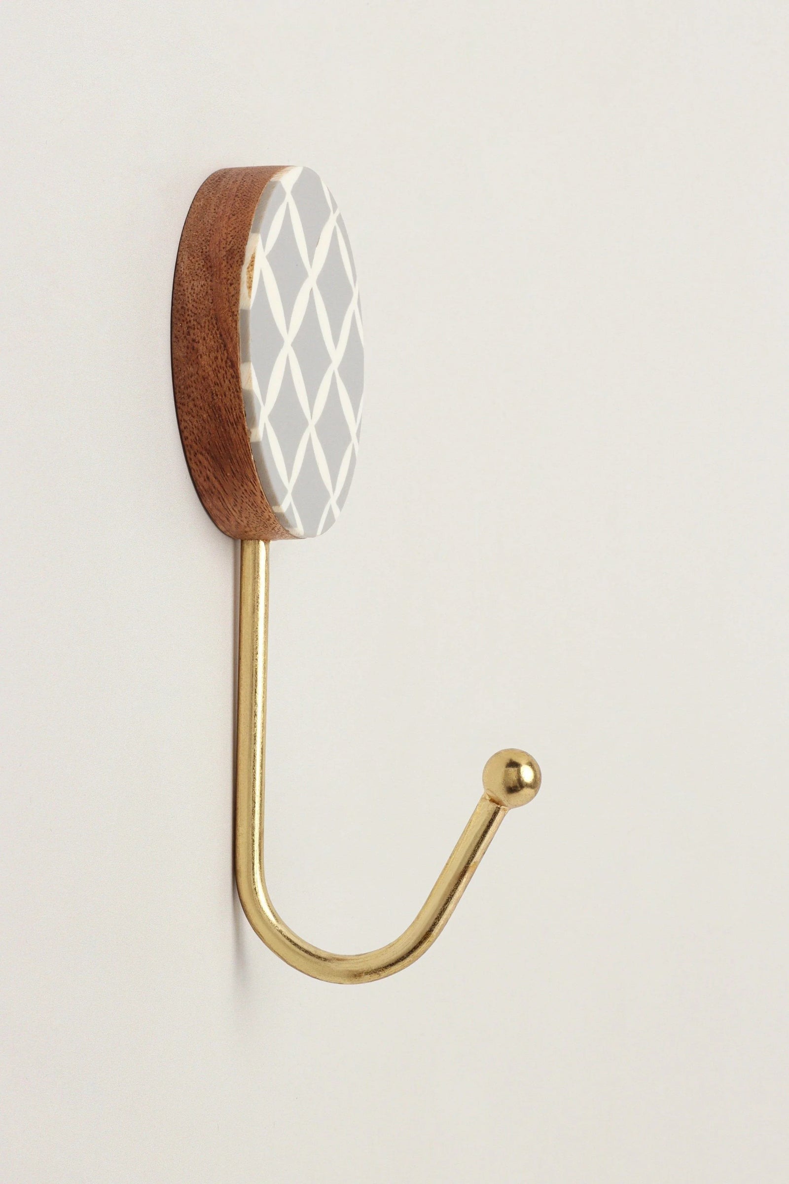 Dizzy Mosaic Grid Pattern Wood and Brass Wall Coat Hooks — lifestyle view, G Decor