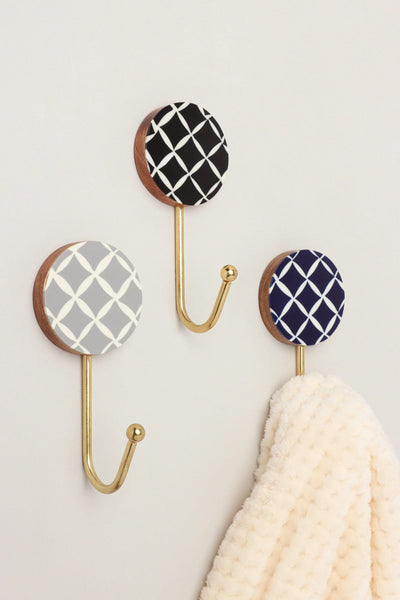Dizzy Mosaic Grid Pattern Wood and Brass Wall Coat Hooks