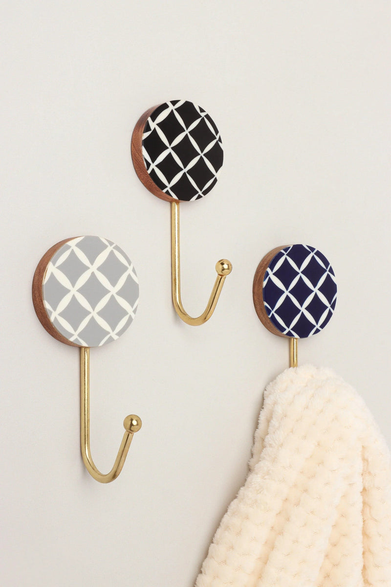Dizzy Mosaic Grid Pattern Wood and Brass Wall Coat Hooks