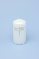 Dragonfly Queen White Pillar Candle with Silver Emblem — alternate view, G Decor