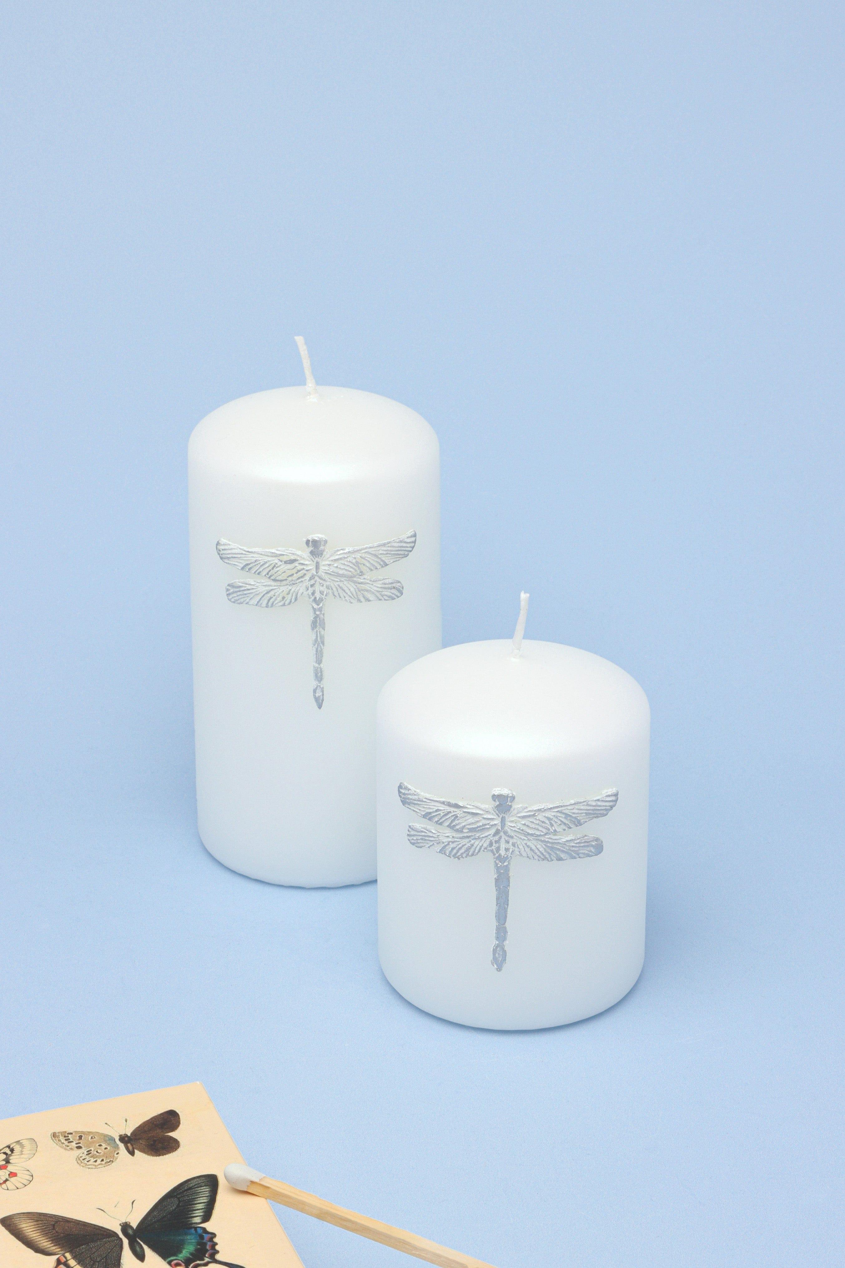 Dragonfly Queen White Pillar Candle Elegant Display with Silver Emblem - G Decor