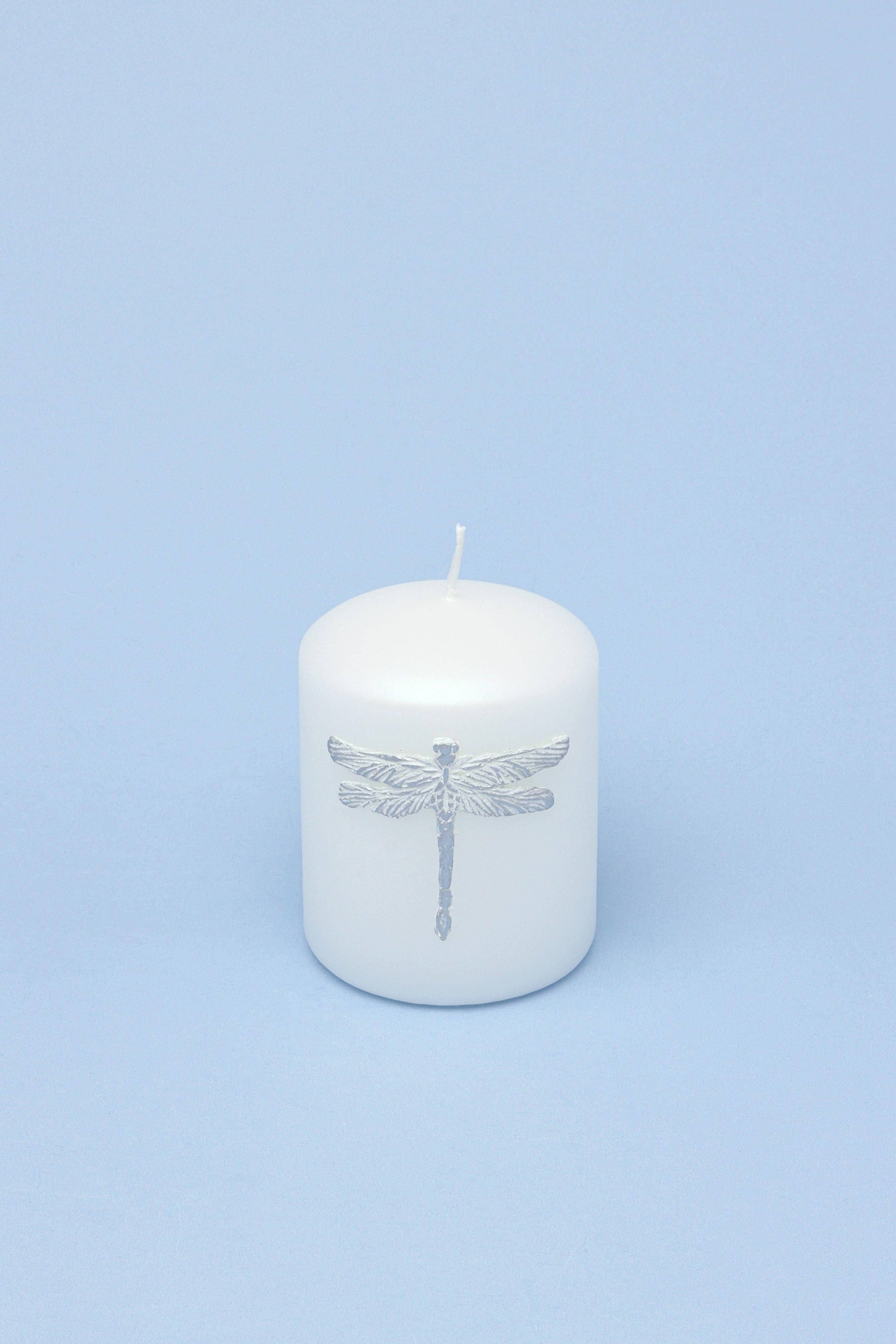 Dragonfly Queen White Pillar Candle Elegant Display with Silver Emblem - G Decor