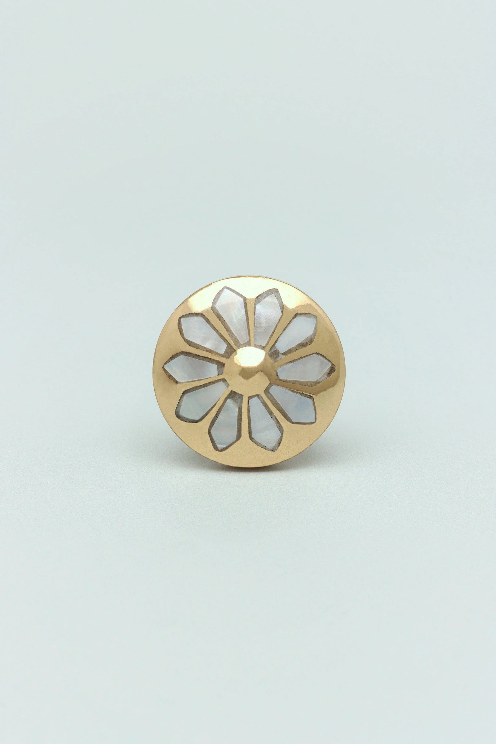 Mother-of-pearl cabinet knob with polished brass detail close-up — G Decor