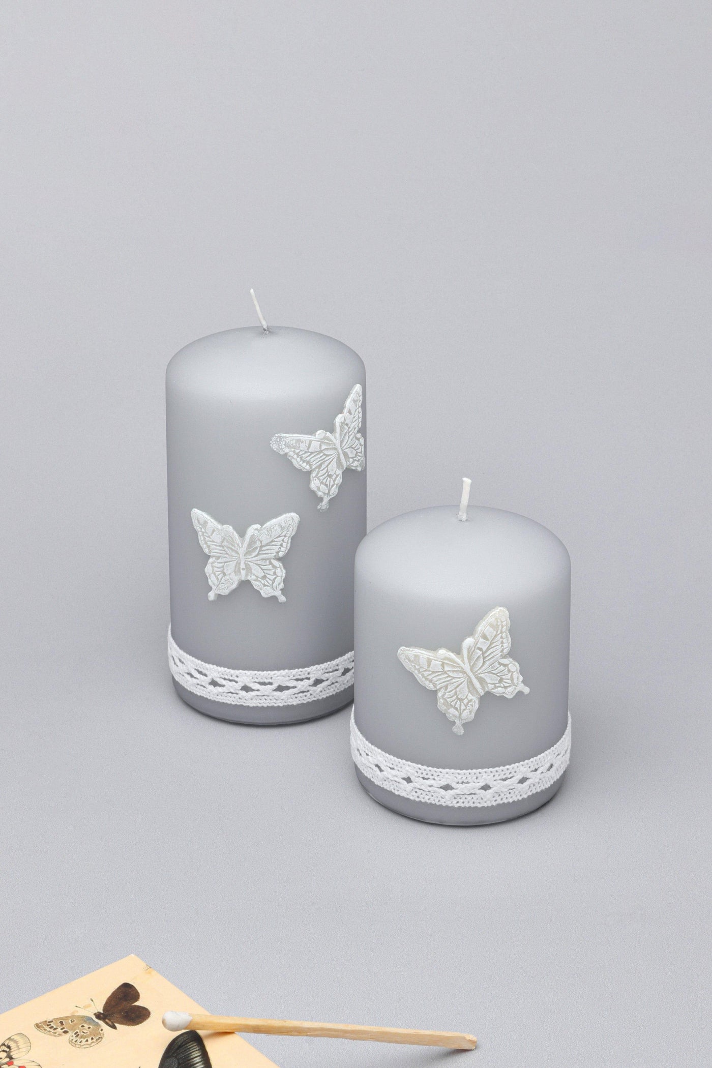 G Decor Candles Grey / Set Emilie Butterfly Grey Lace Pillar Candle