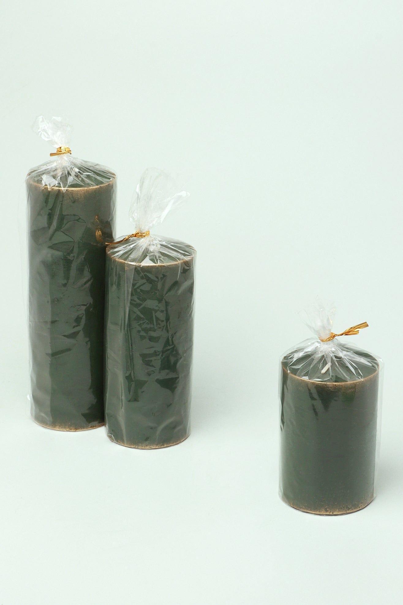 Fern Green &amp; Gold Antique-Style Hand-Finished Pillar Candles - G Decor