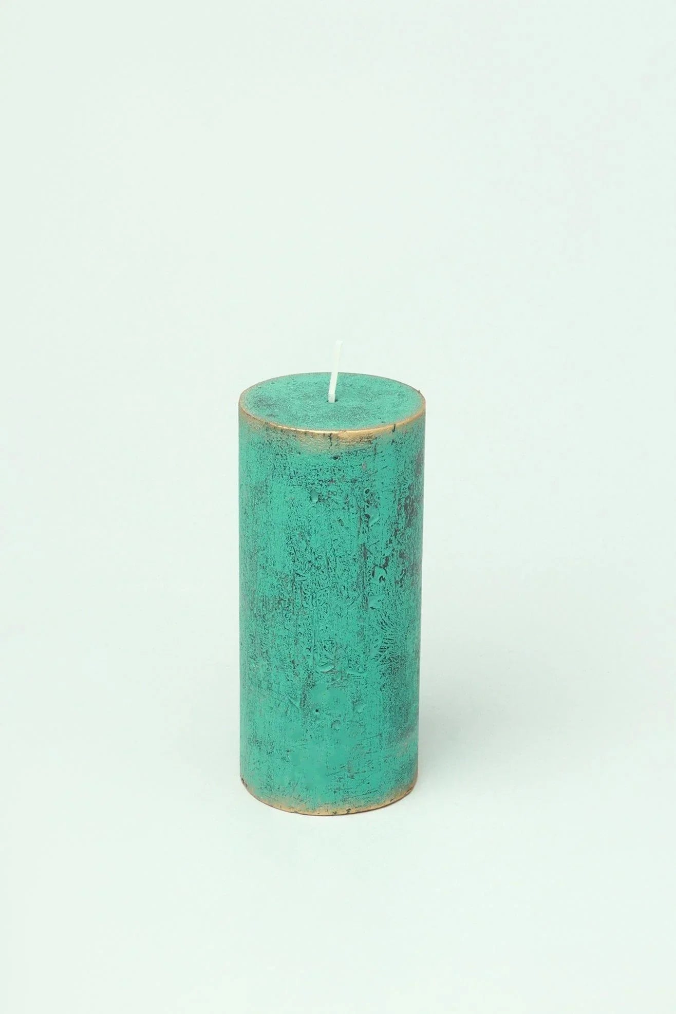 Fern Verdigris Green Antique-Style Pillar Candle — close-up view, G Decor