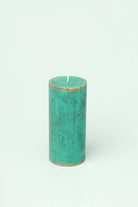 Fern Verdigris Green Antique-Style Pillar Candle — close-up view, G Decor