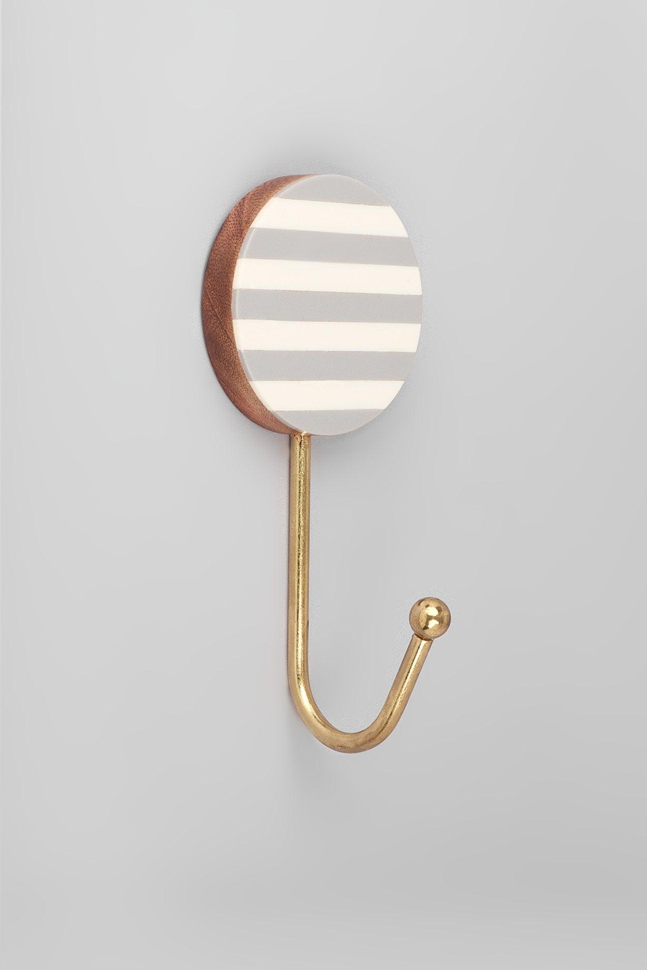 Gdecorstore All Hooks G Decor White Grey Striped Large Circle Disk Wood and Resin Brass Geometric Wall Organizer Coat Hook