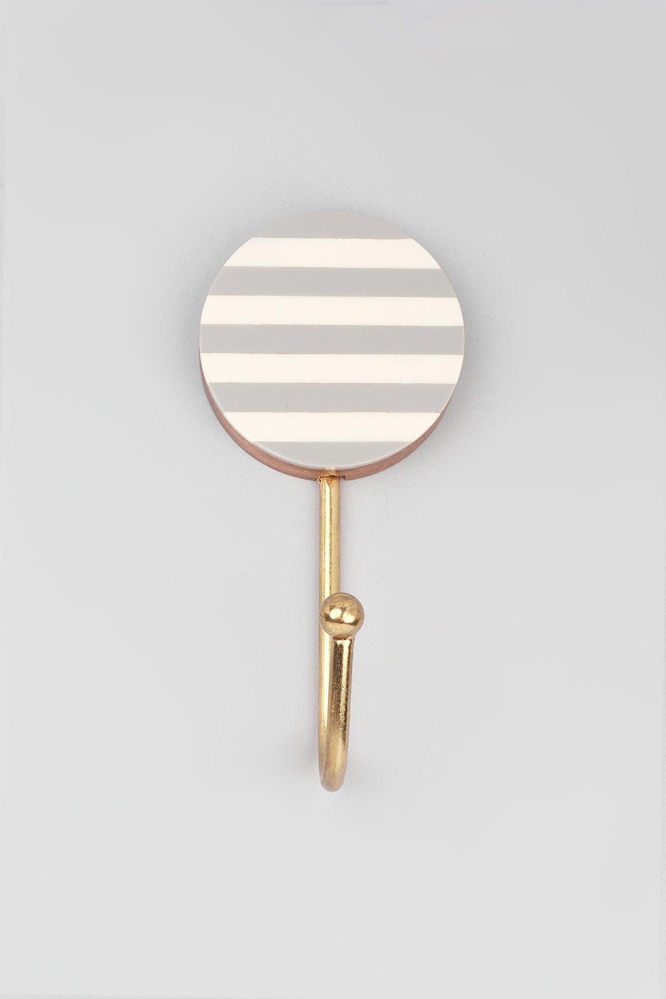 Gdecorstore All Hooks G Decor White Grey Striped Large Circle Disk Wood and Resin Brass Geometric Wall Organizer Coat Hook