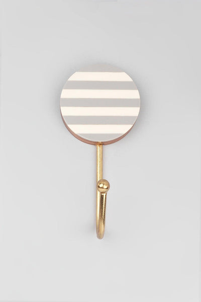 Gdecorstore All Hooks G Decor White Grey Striped Large Circle Disk Wood and Resin Brass Geometric Wall Organizer Coat Hook